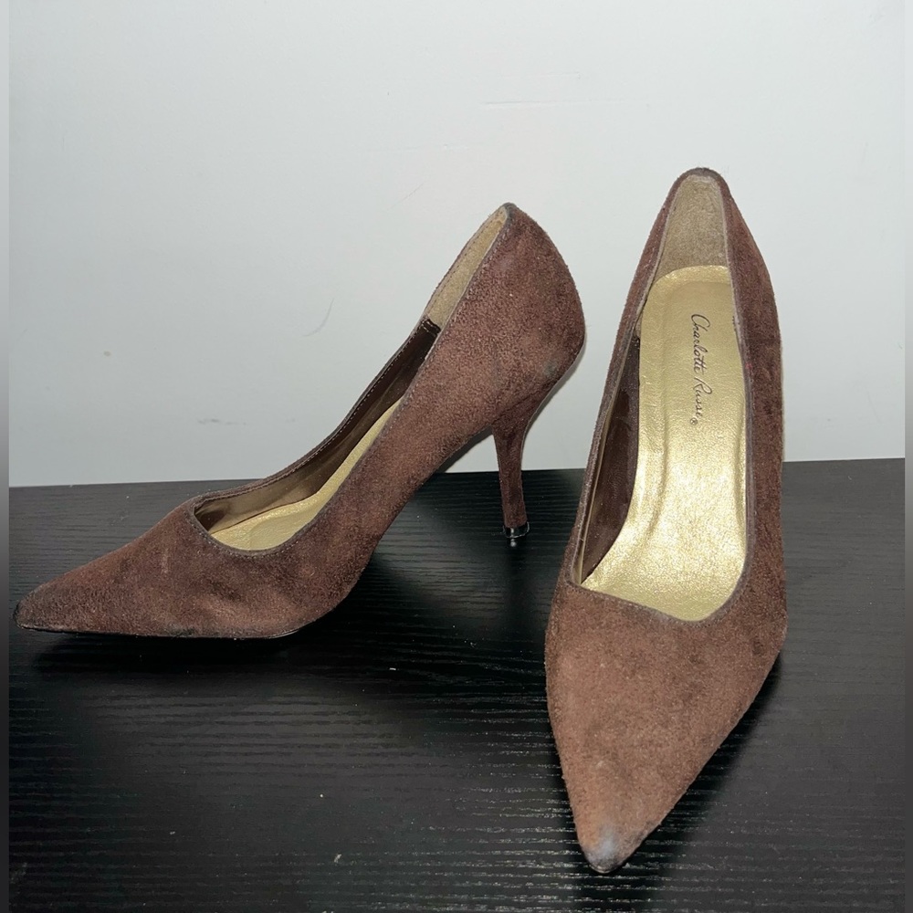 Brown suede high heel pump